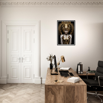 Stylish home office with a wooden desk, modern artwork, and white double doors.