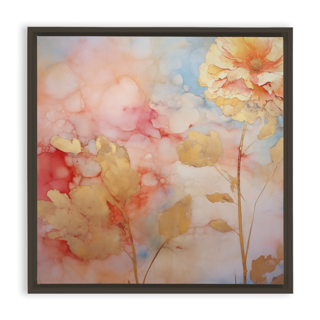 Framed watercolor painting of abstract floral shapes in soft pastel colors.