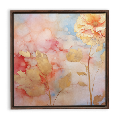 Framed watercolor painting of abstract floral shapes in soft pastel hues.