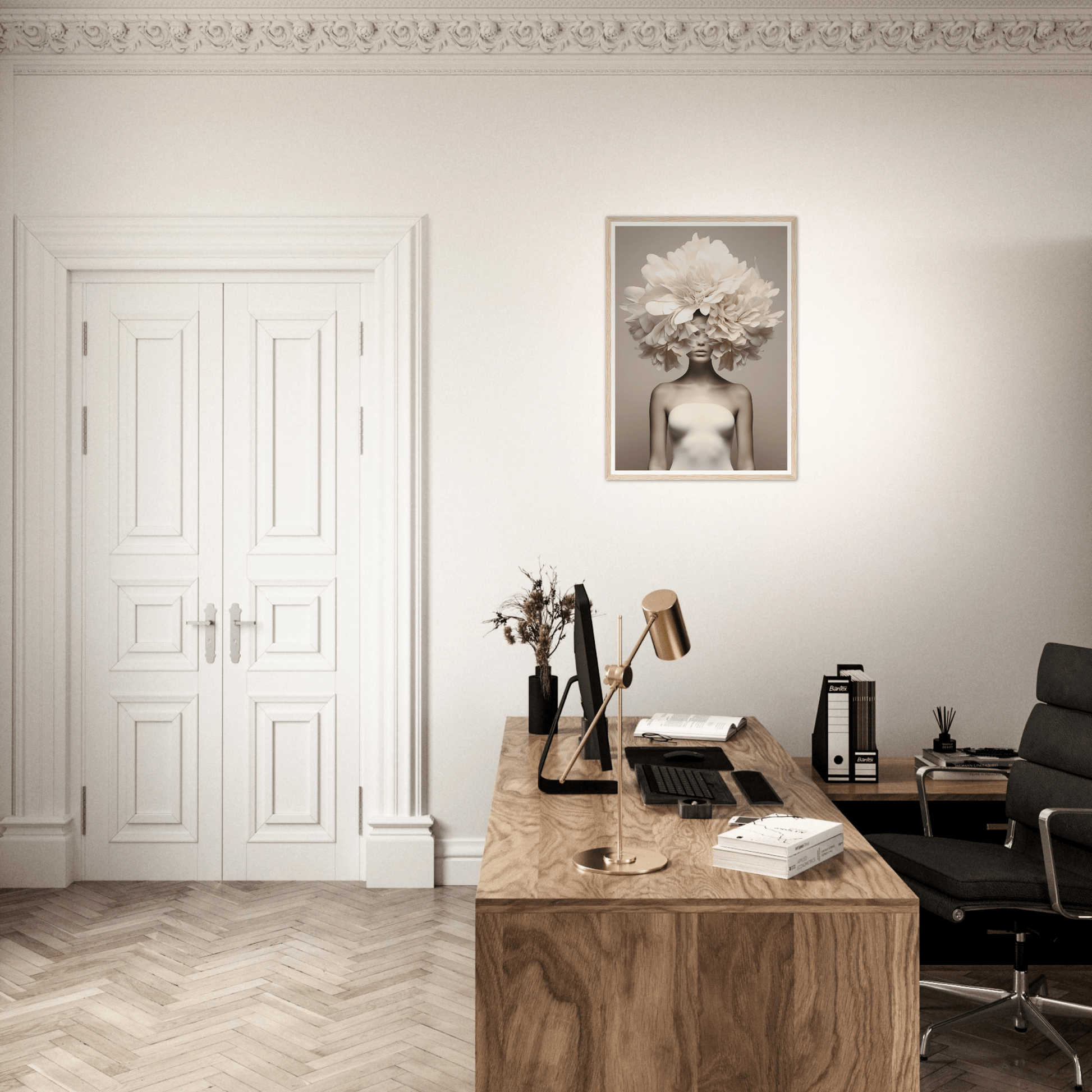 Stylish home office workspace with a wooden desk and artistic wall decor.