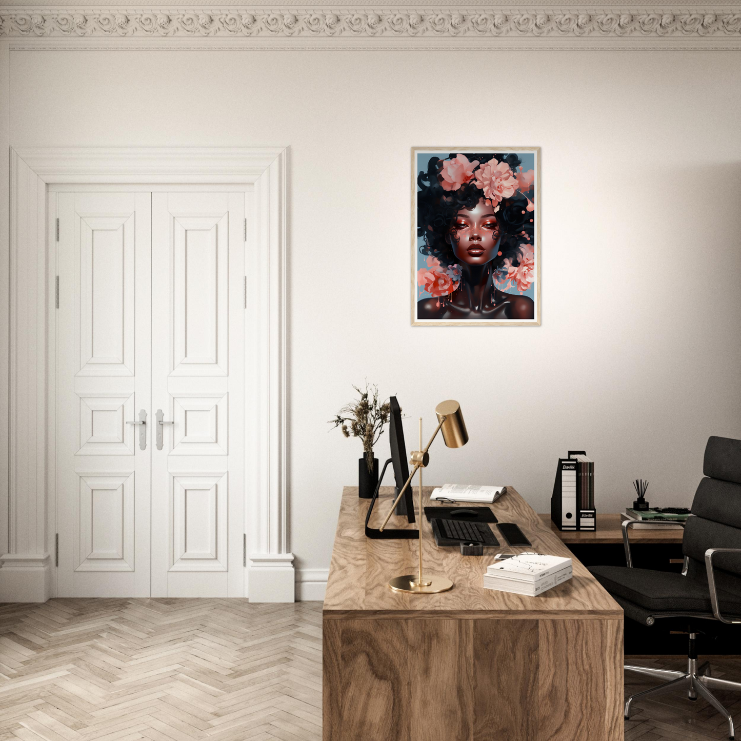 Elegant home office workspace with a wooden desk and artistic wall decor.