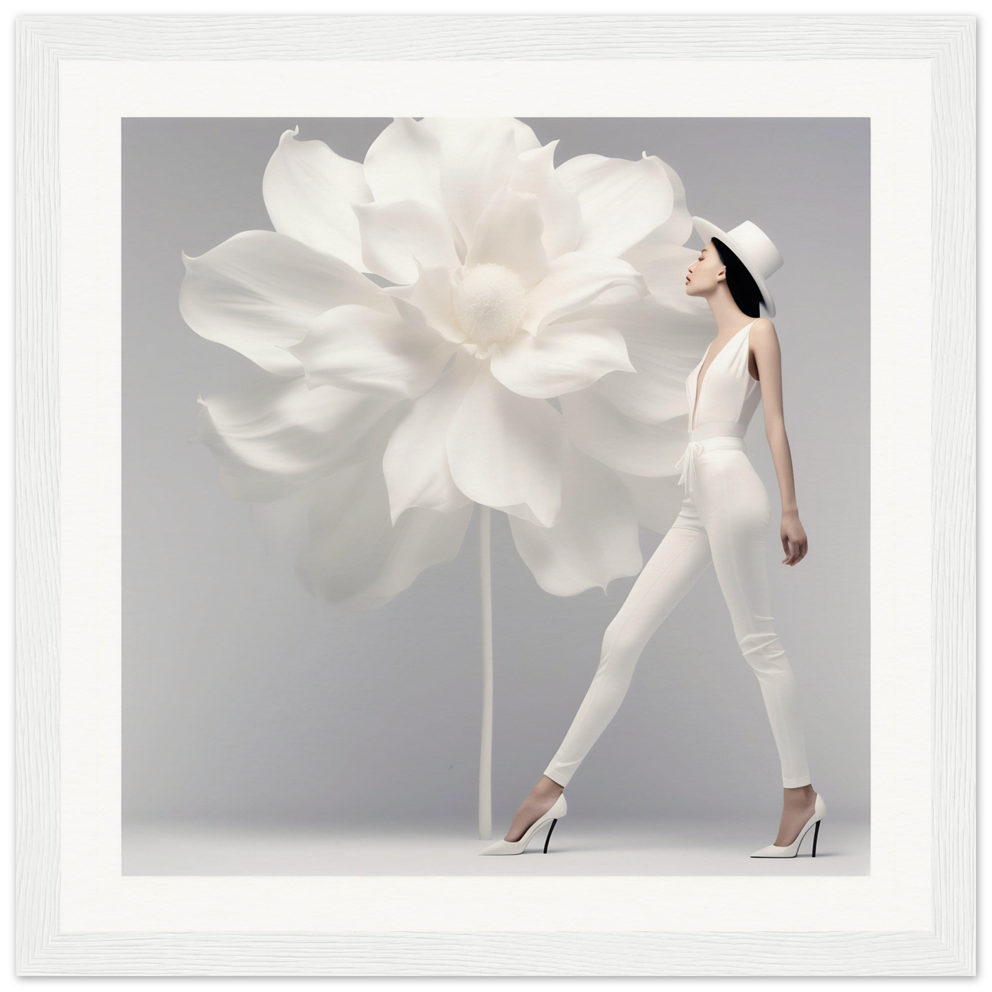 Giant white flower sculpture with soft, oversized petals.