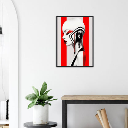 Framed abstract portrait with bold red and white geometric elements.