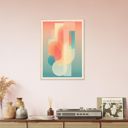 Abstract geometric artwork featuring soft pastel shapes and gradients in a framed print.