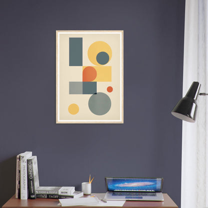 Abstract geometric art print featuring colorful shapes and circles on a light background.