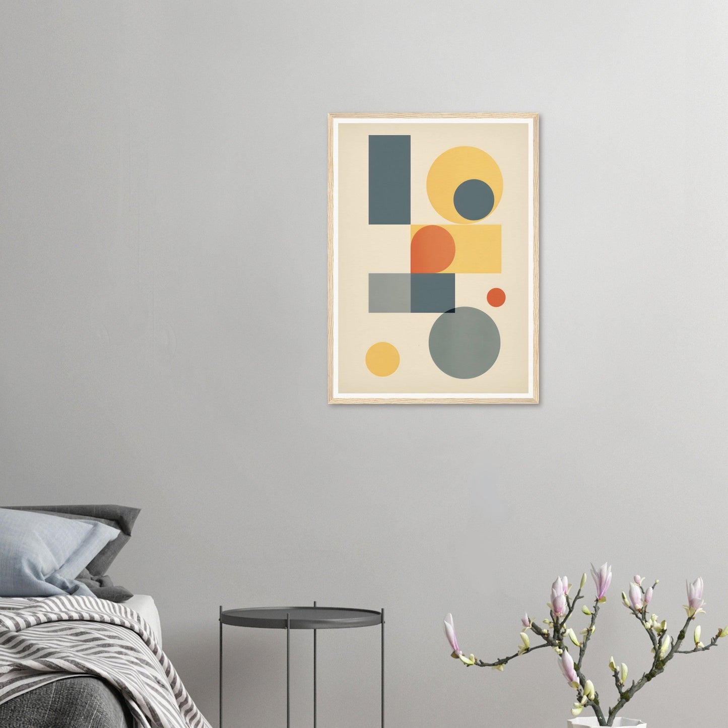 Abstract geometric artwork featuring colorful shapes including circles, rectangles, and semicircles arranged in a minimalist composition.