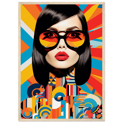 Stylized portrait of a woman with sunglasses against a colorful geometric background.