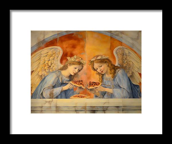 Painting of two angels with golden wings in blue robes.