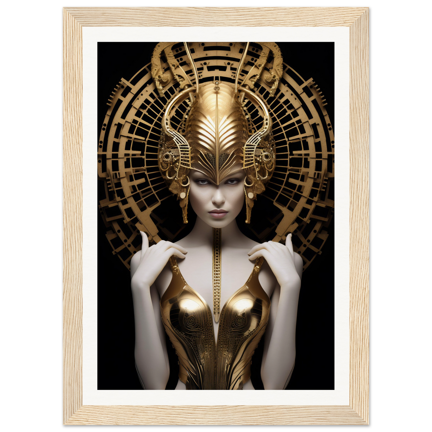 Ornate golden headdress and bodice adorning a pale figure with an ethereal, otherworldly appearance.