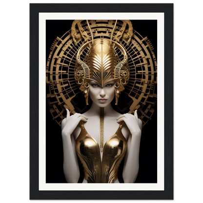 Ornate golden headdress and bodice adorning a pale figure with an enigmatic expression.