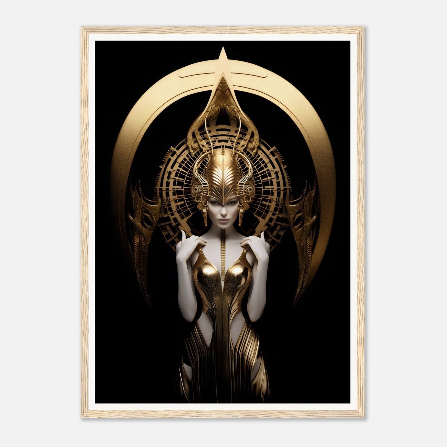 Ornate golden figure with an elaborate headdress and intricate metallic bodysuit against a dark background.