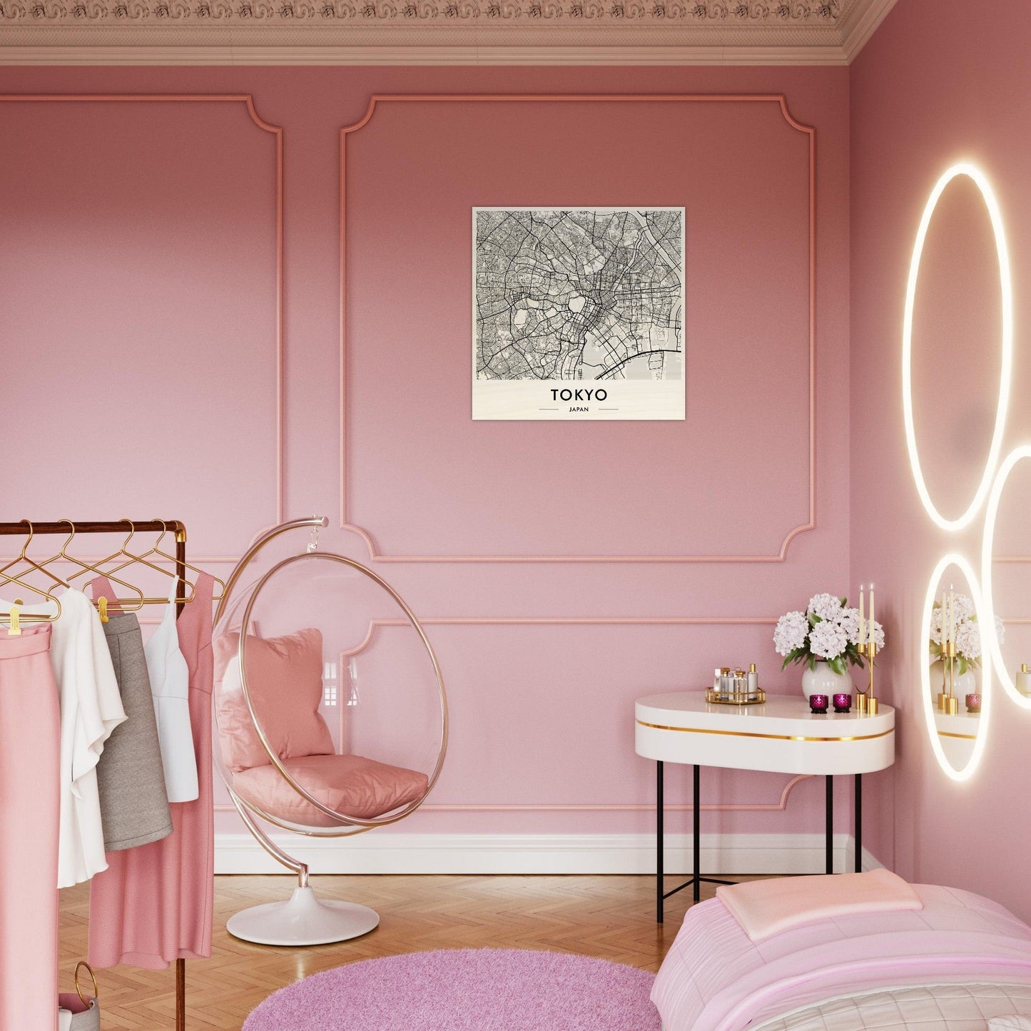 Pink bedroom with a hanging bubble chair, clothing rack, and illuminated circular mirror.