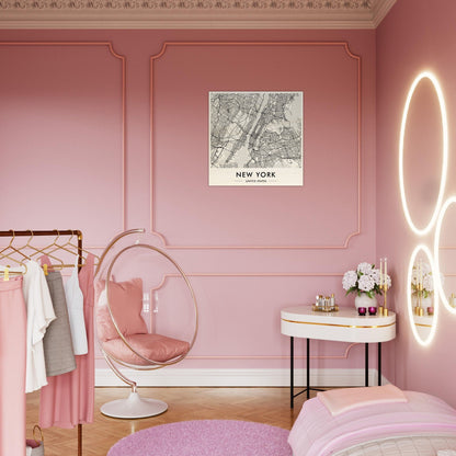 Pink bedroom with a hanging bubble chair and feminine decor.