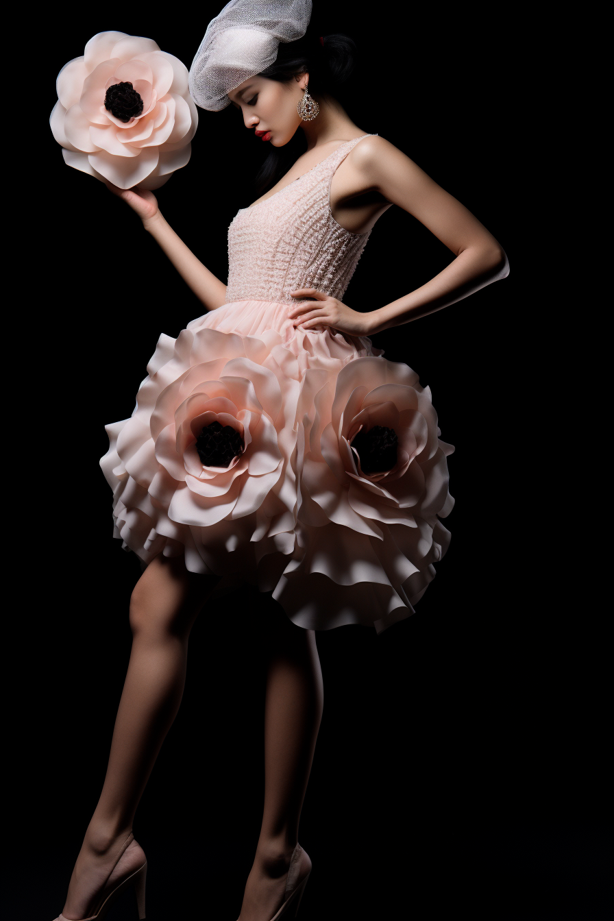 A woman in a floral dress and white hat poses elegantly against a dark background, as if captured in a striking poster that would add charm to any room decor.