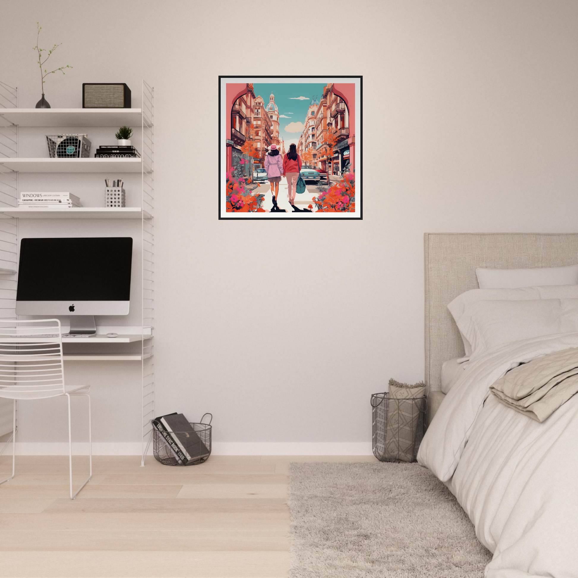 Framed wall art of a colorful city street in Jazzed Urban Reverie special edition art™