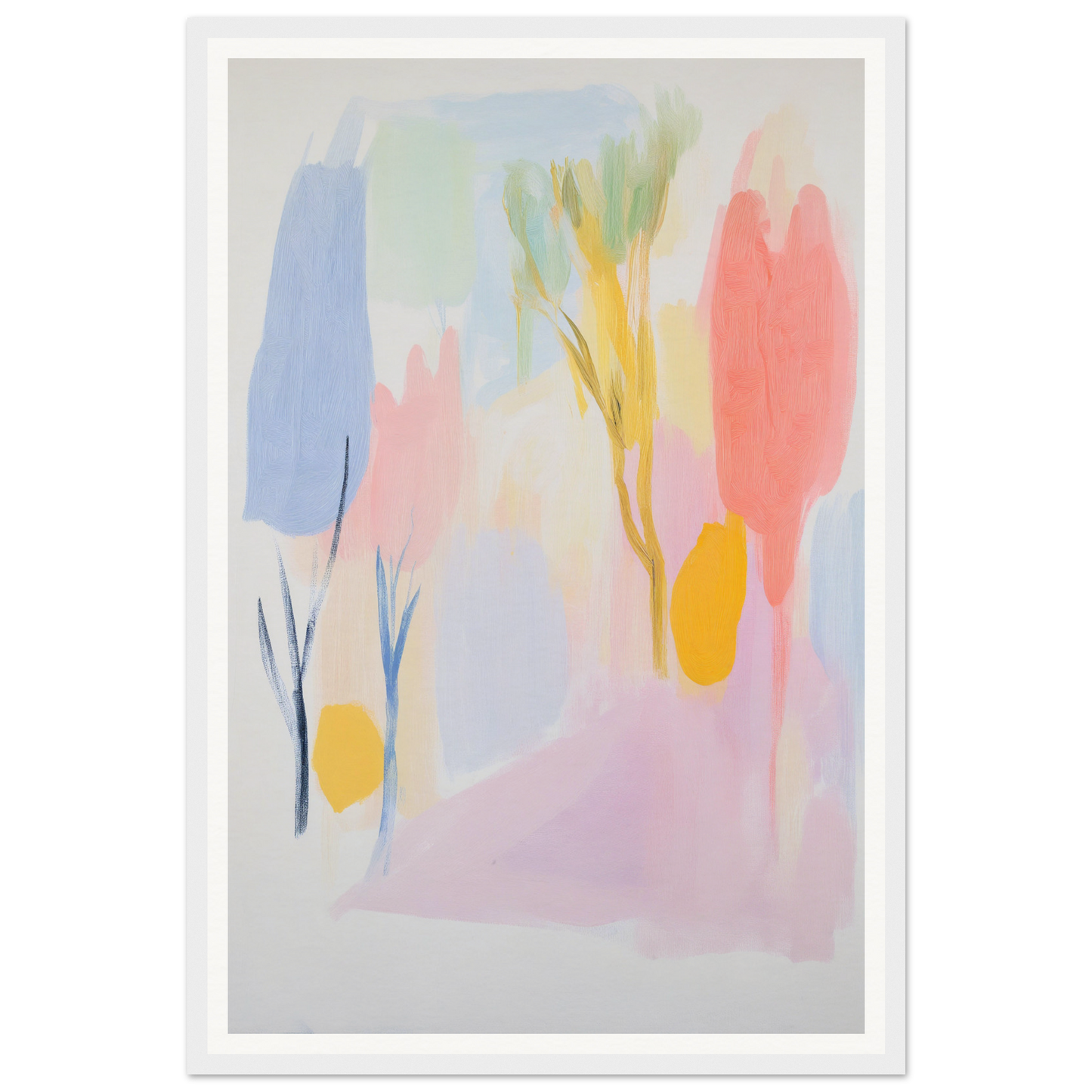 Framed wall art with pastel hues, depicting tree-like shapes and organic forms for interior design.