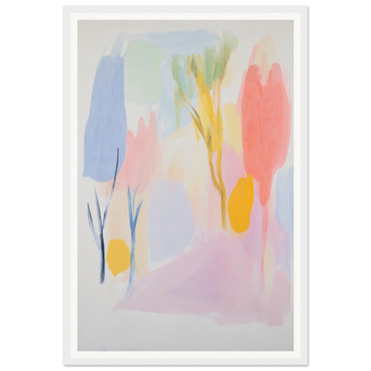 Framed wall art with pastel hues, depicting tree-like shapes and organic forms for interior design.