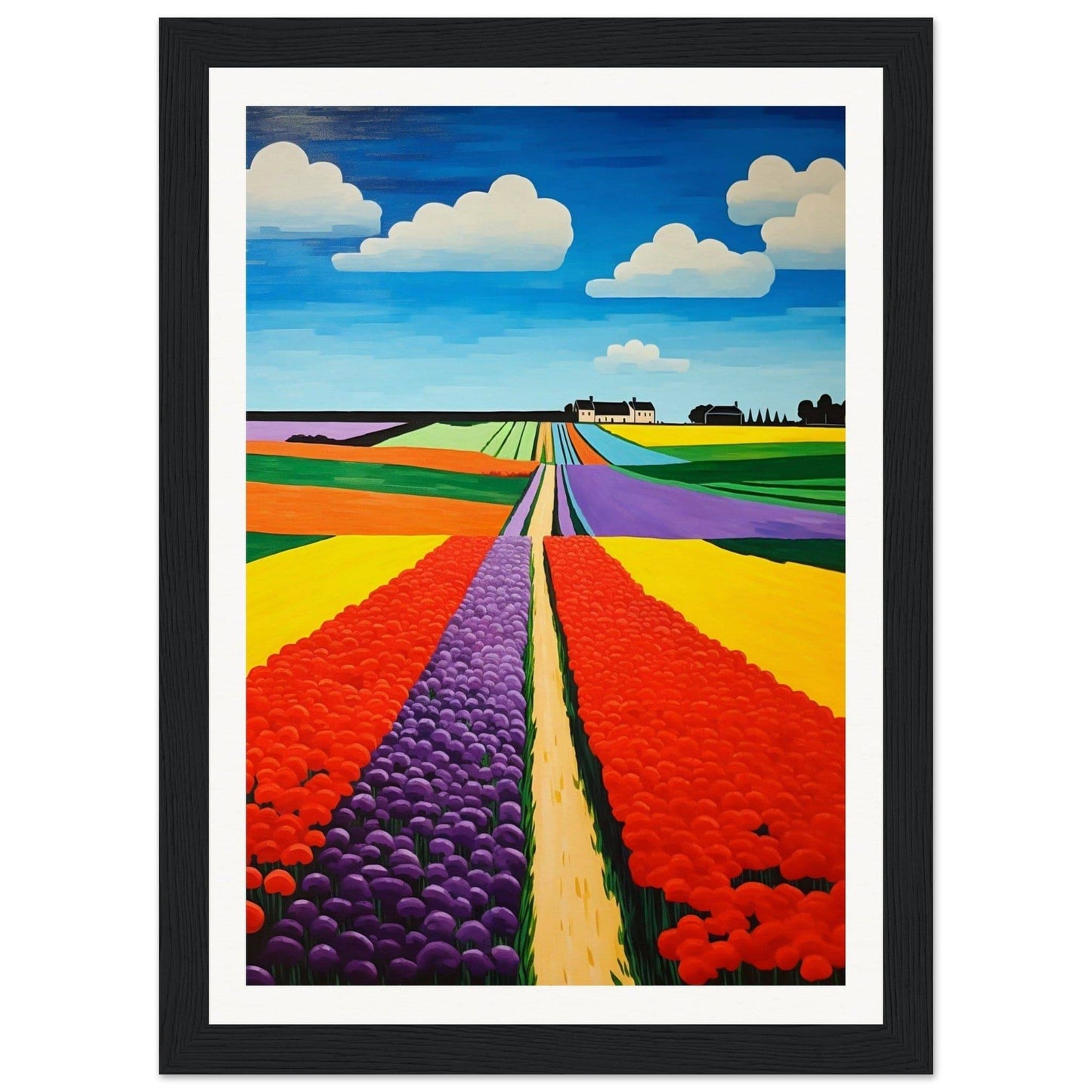 Colorful painting of tulip fields stretching towards the horizon.