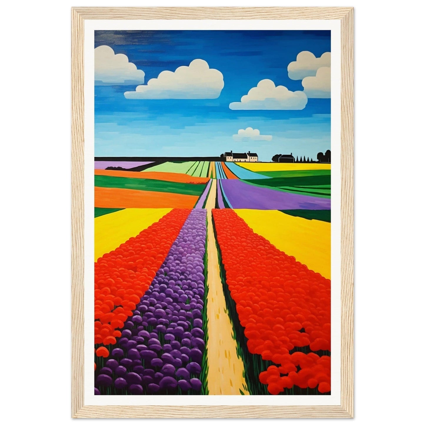 Colorful painting of tulip fields stretching towards the horizon.