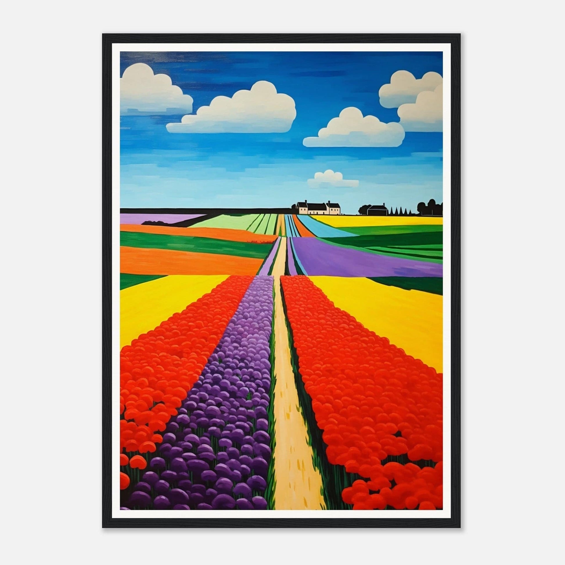 Vibrant painting of colorful tulip fields stretching towards the horizon.