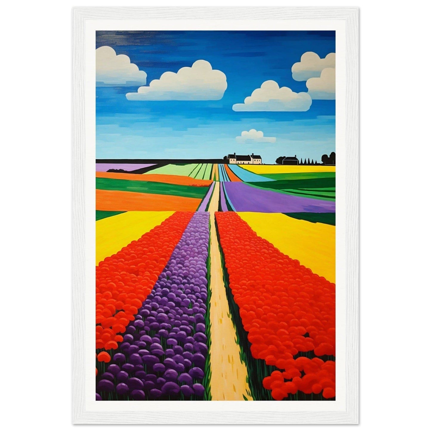 Vibrant painting of colorful tulip fields stretching towards the horizon.