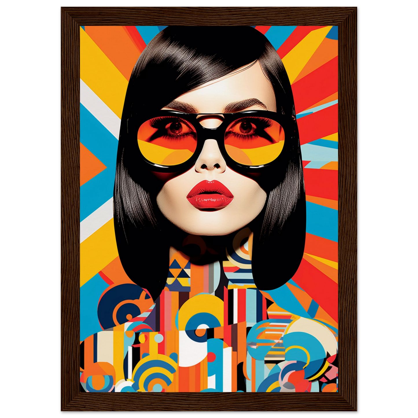 Stylized portrait of a woman with sunglasses against a colorful geometric background.