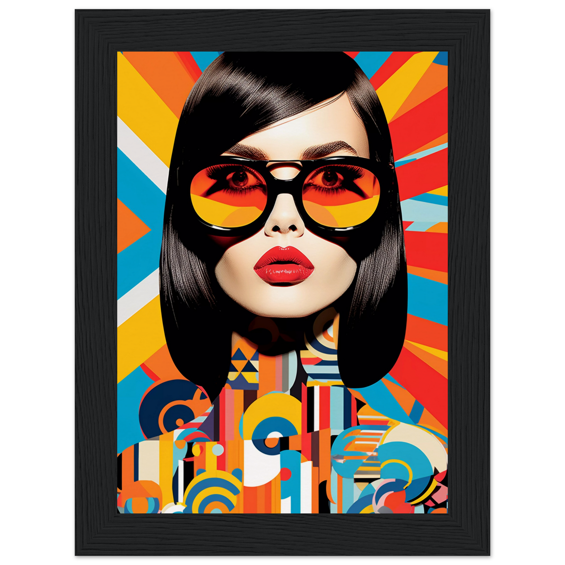 Stylized pop art portrait of a woman with sunglasses and vibrant geometric patterns.