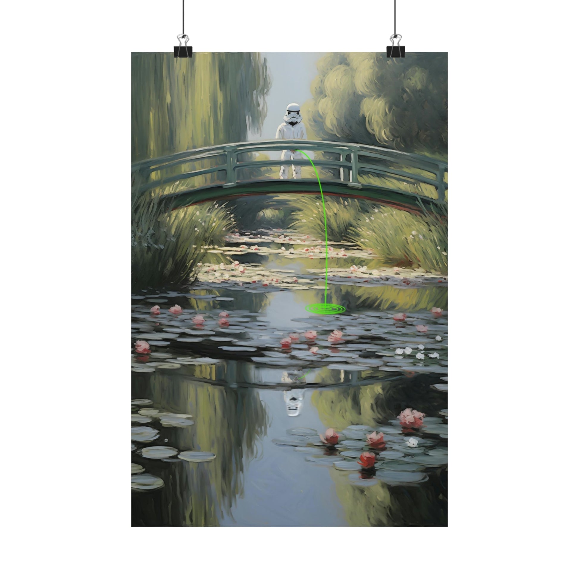 Painting of a curved wooden bridge over a lily pond with reflections in the water.