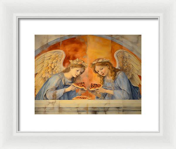 Framed painting of two angels with golden wings and halos holding flowers.