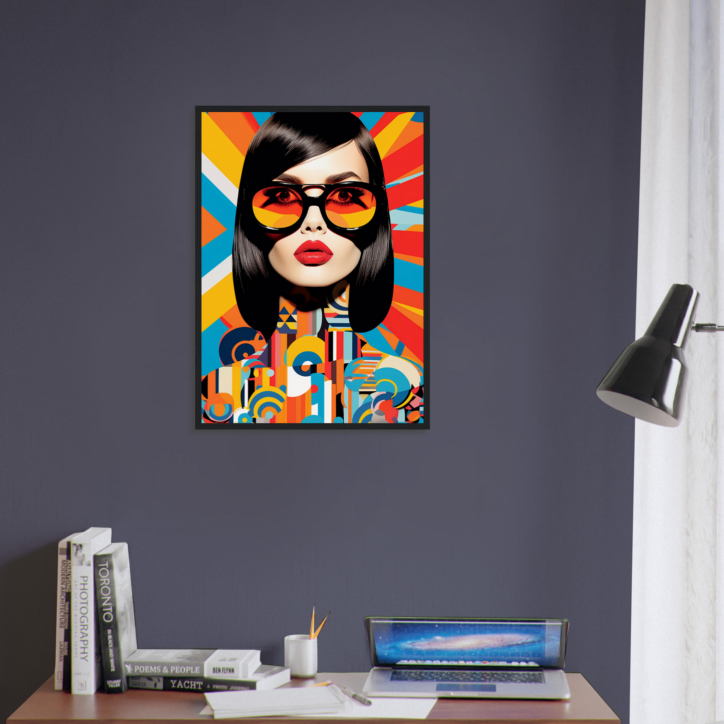 Colorful pop art style portrait of a woman wearing sunglasses against a vibrant geometric background.