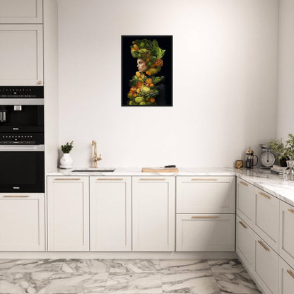 Modern white kitchen with a colorful fruit-themed artwork on the wall.