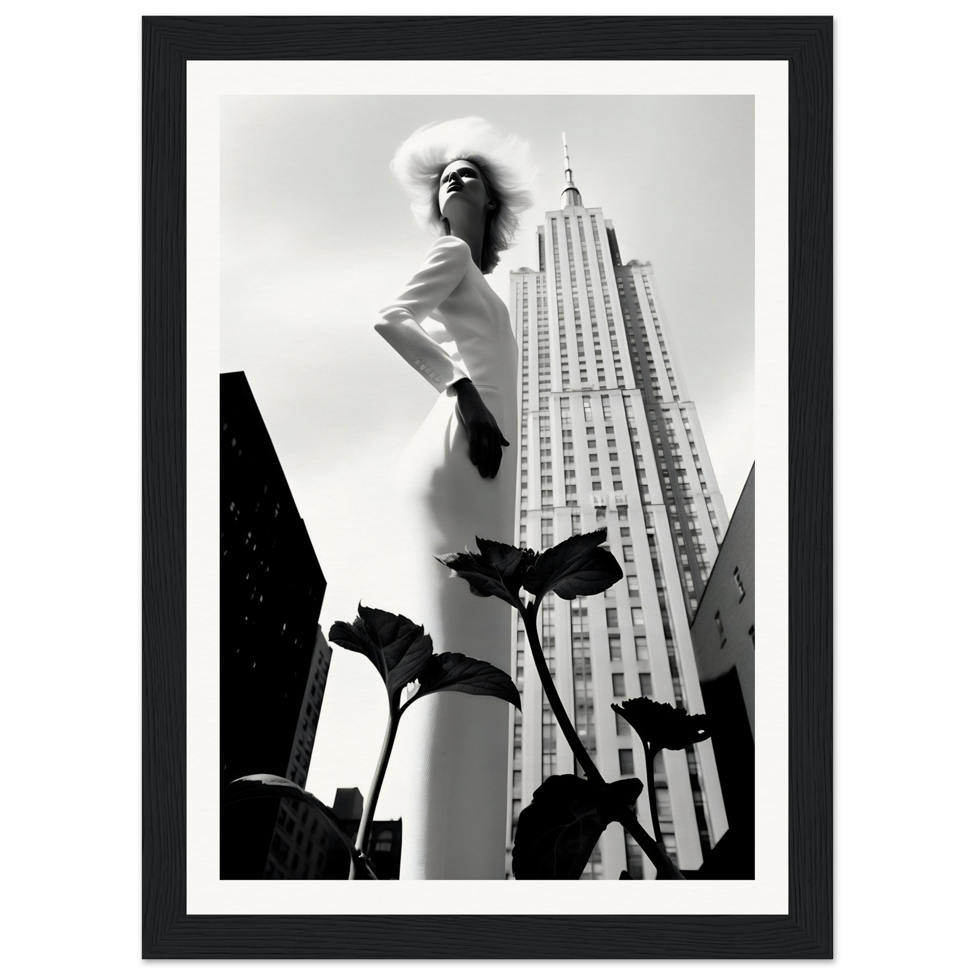 Black and white photograph of a woman posing dramatically in front of the Empire State Building.