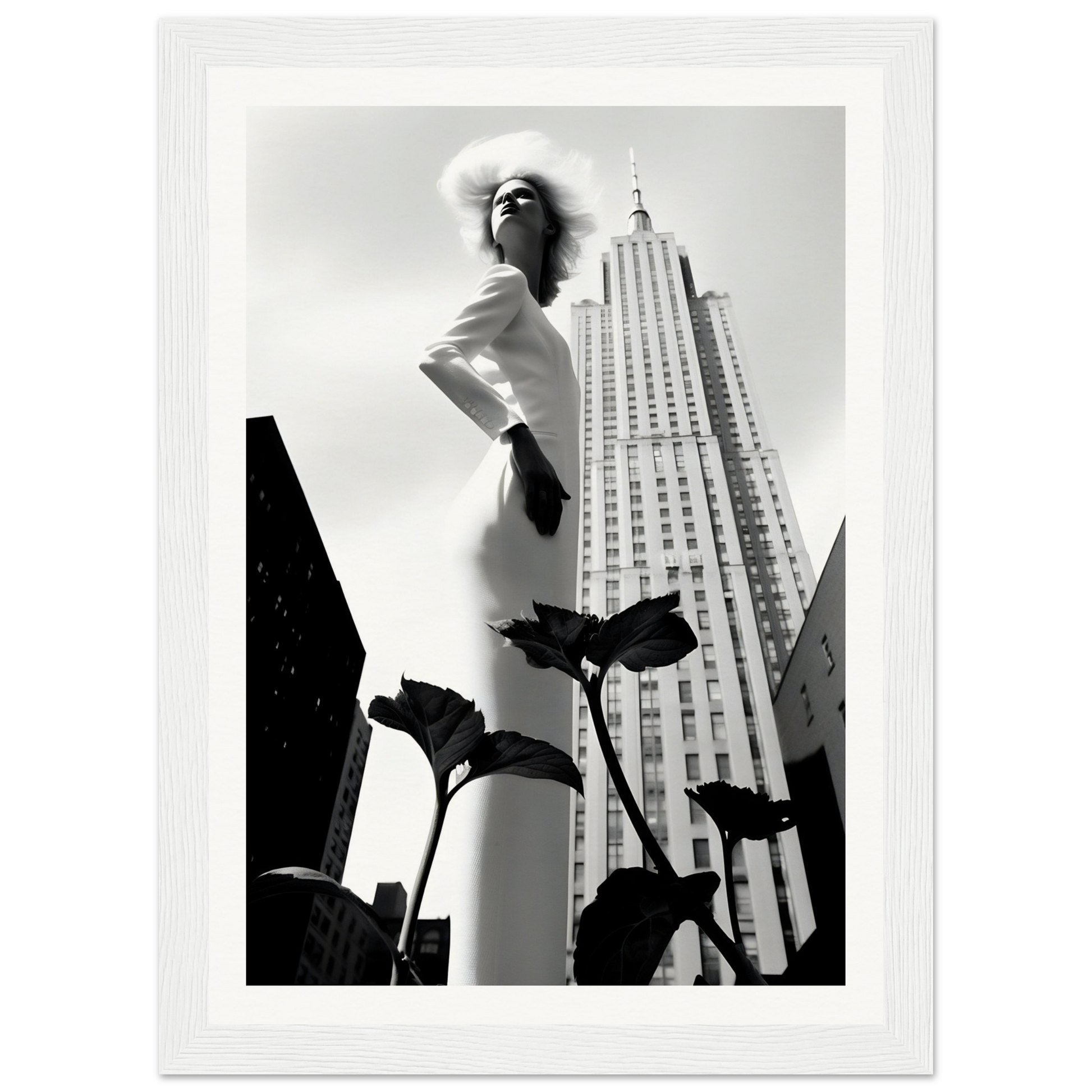 Statuesque figure in a white outfit posing dramatically against a skyscraper backdrop.