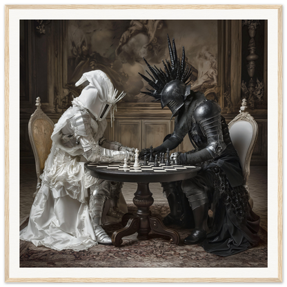 Two ornate figures in black and white armor play chess in Duelling Nightmares’ Vision art