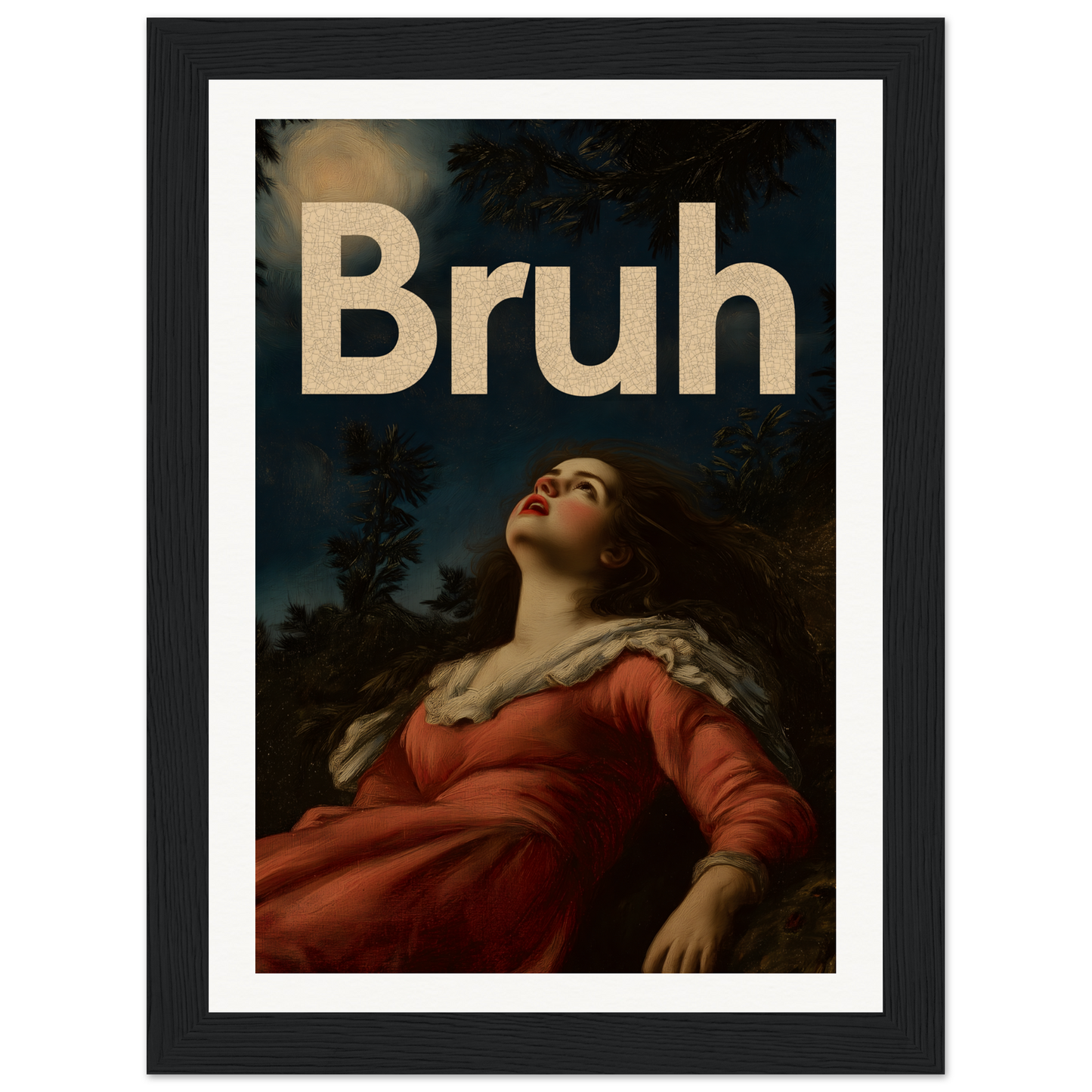 Modern framed wall art featuring a classical painting style with the word "Bruh" under a moonlit sky, perfect for cool room decor.