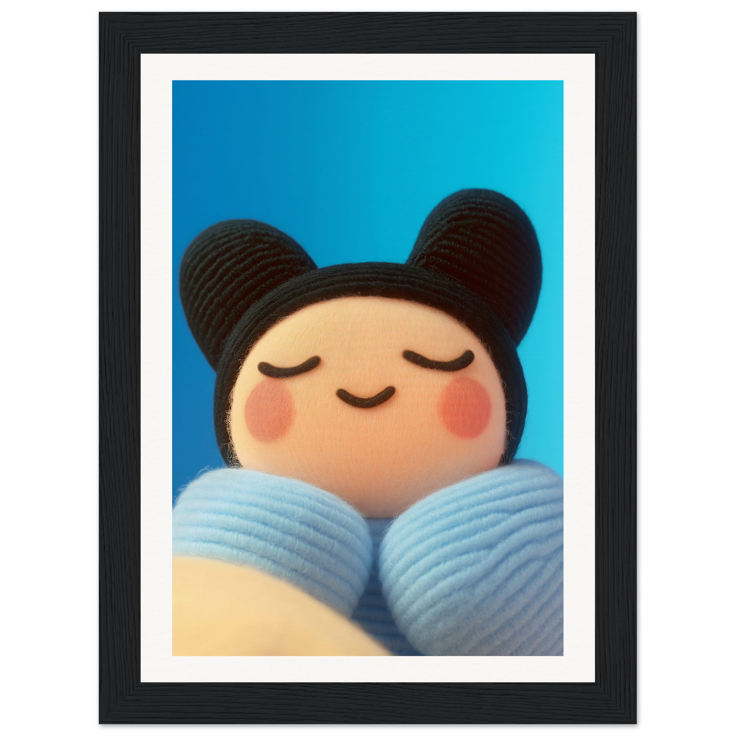 Framed Skybound Plush Reverie wall art with a whimsical character on a blue background, perfect for cool room decor and home style.