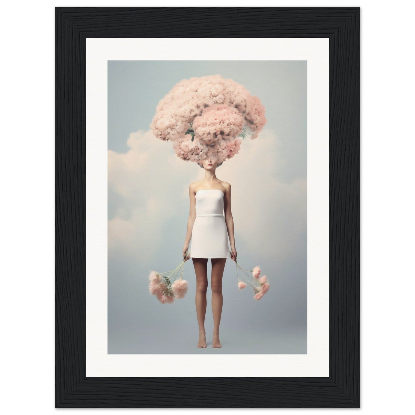 Surreal figure with cotton candy-like pink cloud for a head, wearing a white dress and holding cotton candy in each hand.