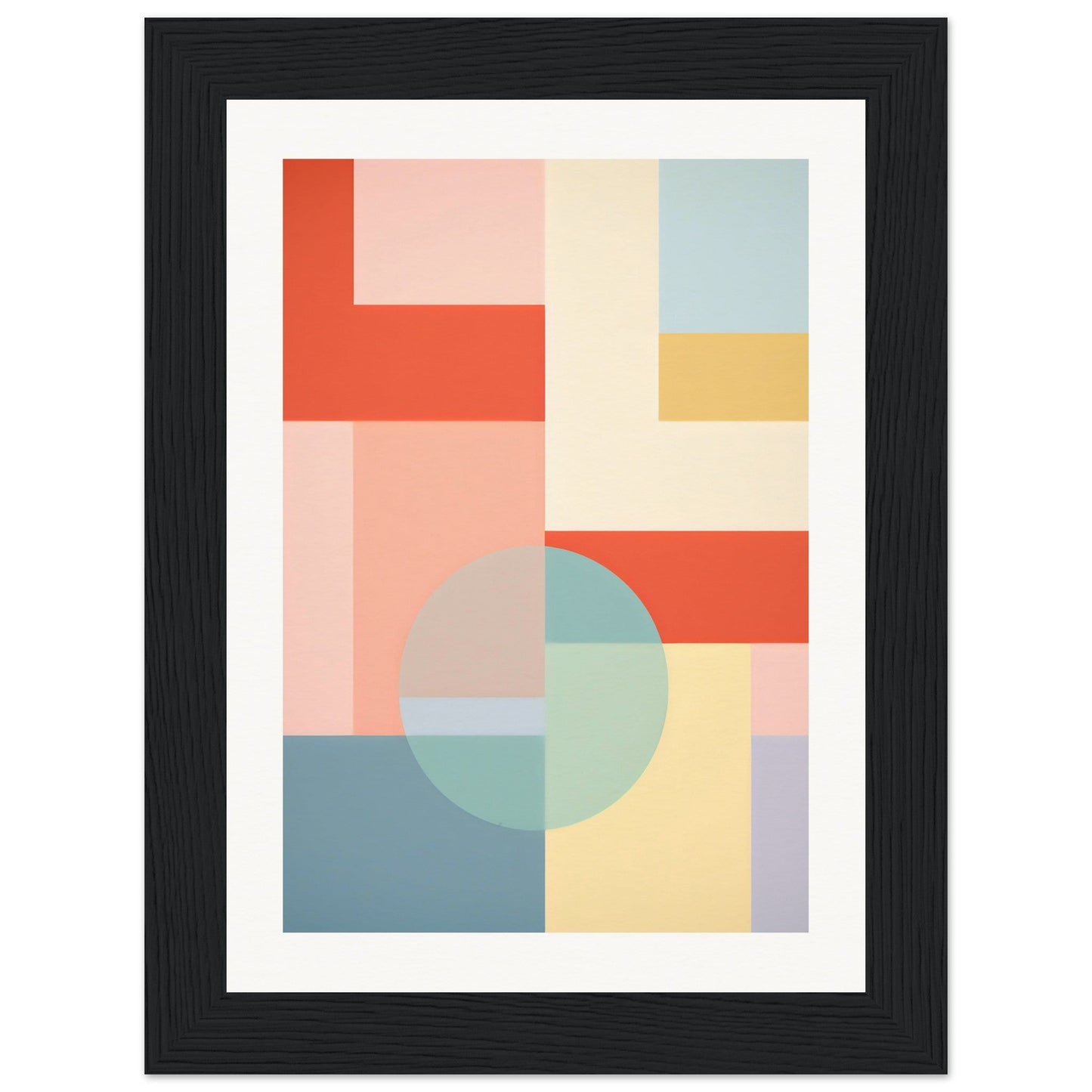 Abstract geometric artwork featuring pastel-colored shapes and a central circle.