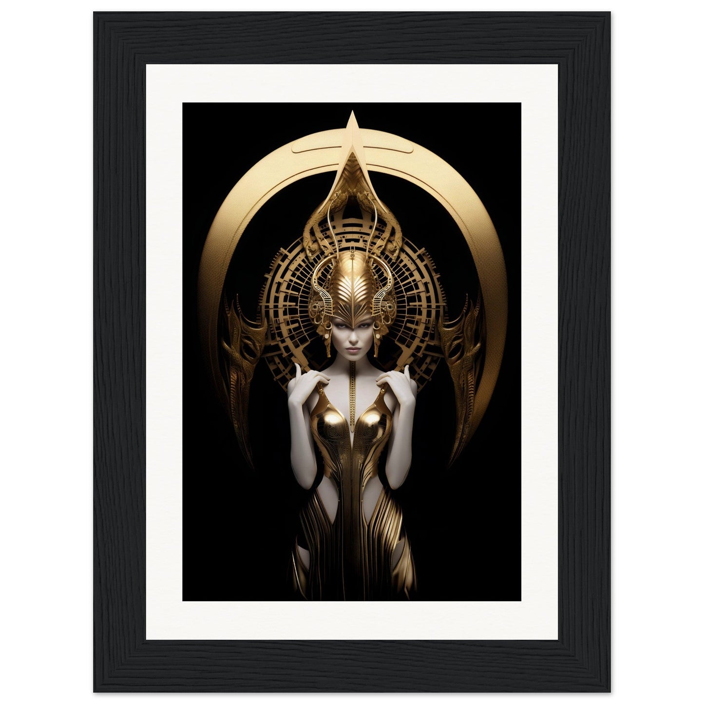 A surreal, golden-adorned female figure with an elaborate headdress in a mystical, goddess-like pose.