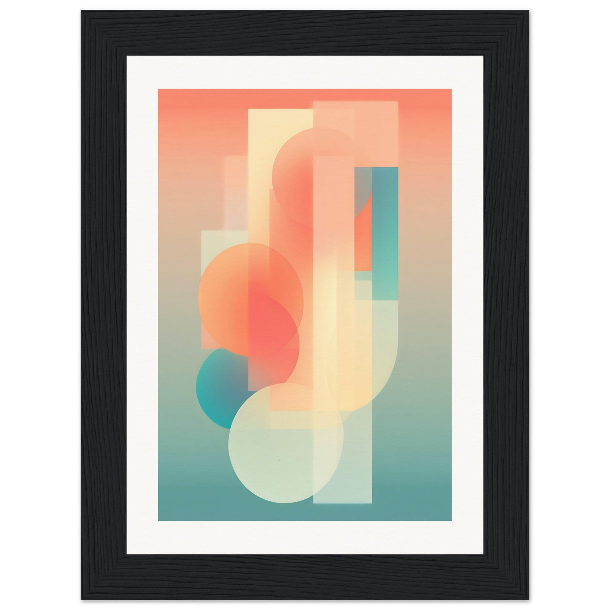 Abstract geometric artwork featuring overlapping translucent shapes in soft pastel colors.