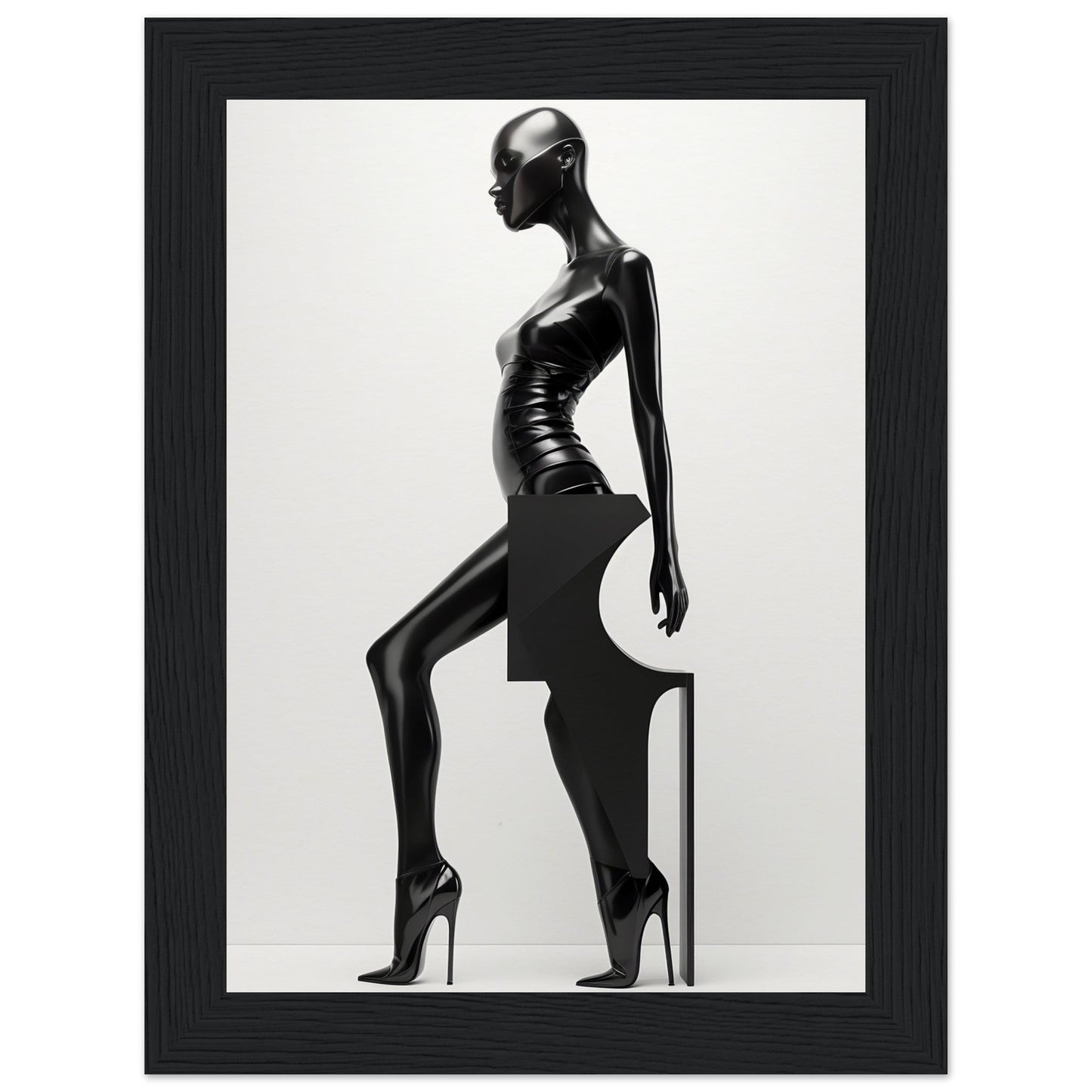 Stylized black silhouette of a slender female figure in high heels striking a dramatic pose.