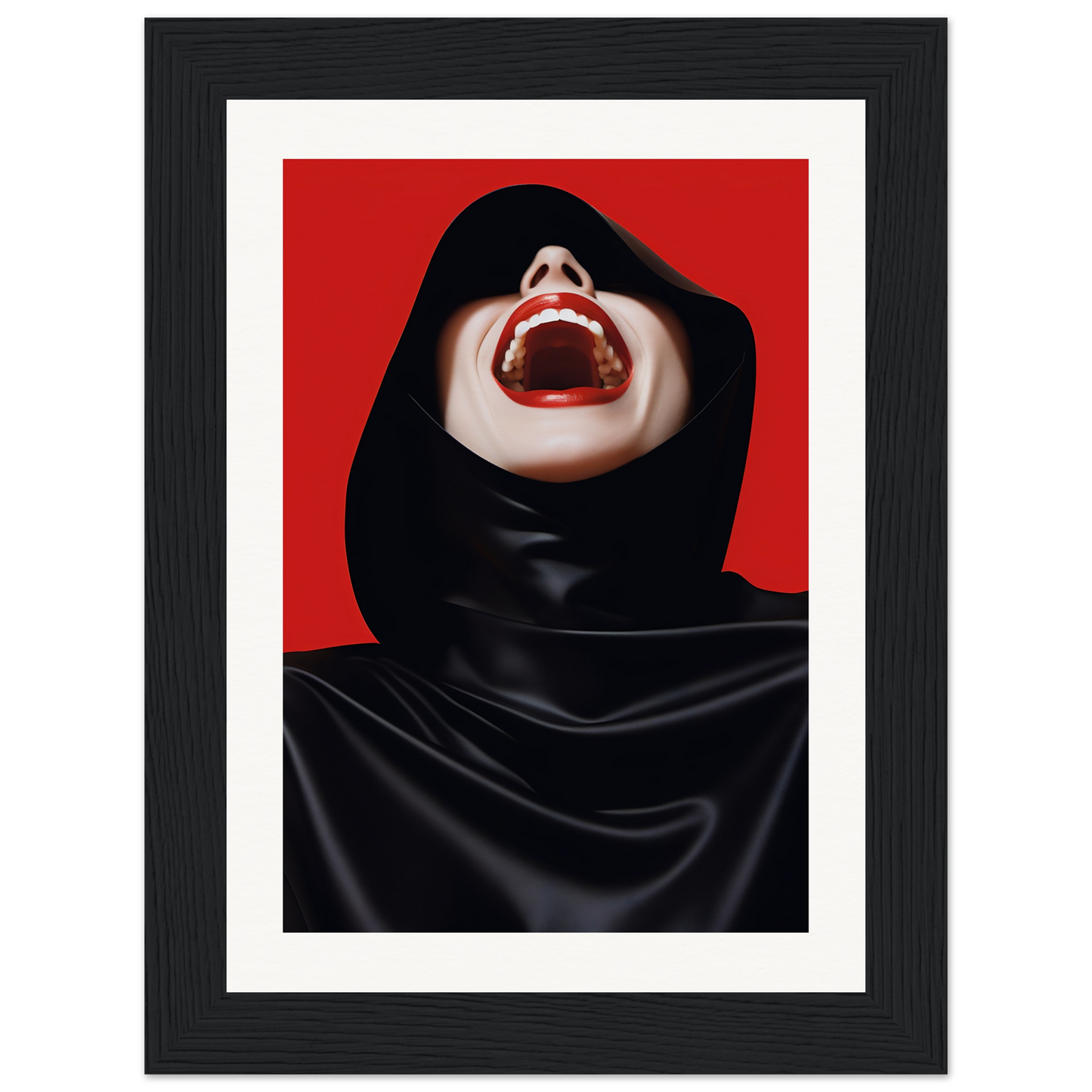 Open mouth with bright red lipstick surrounded by black fabric.