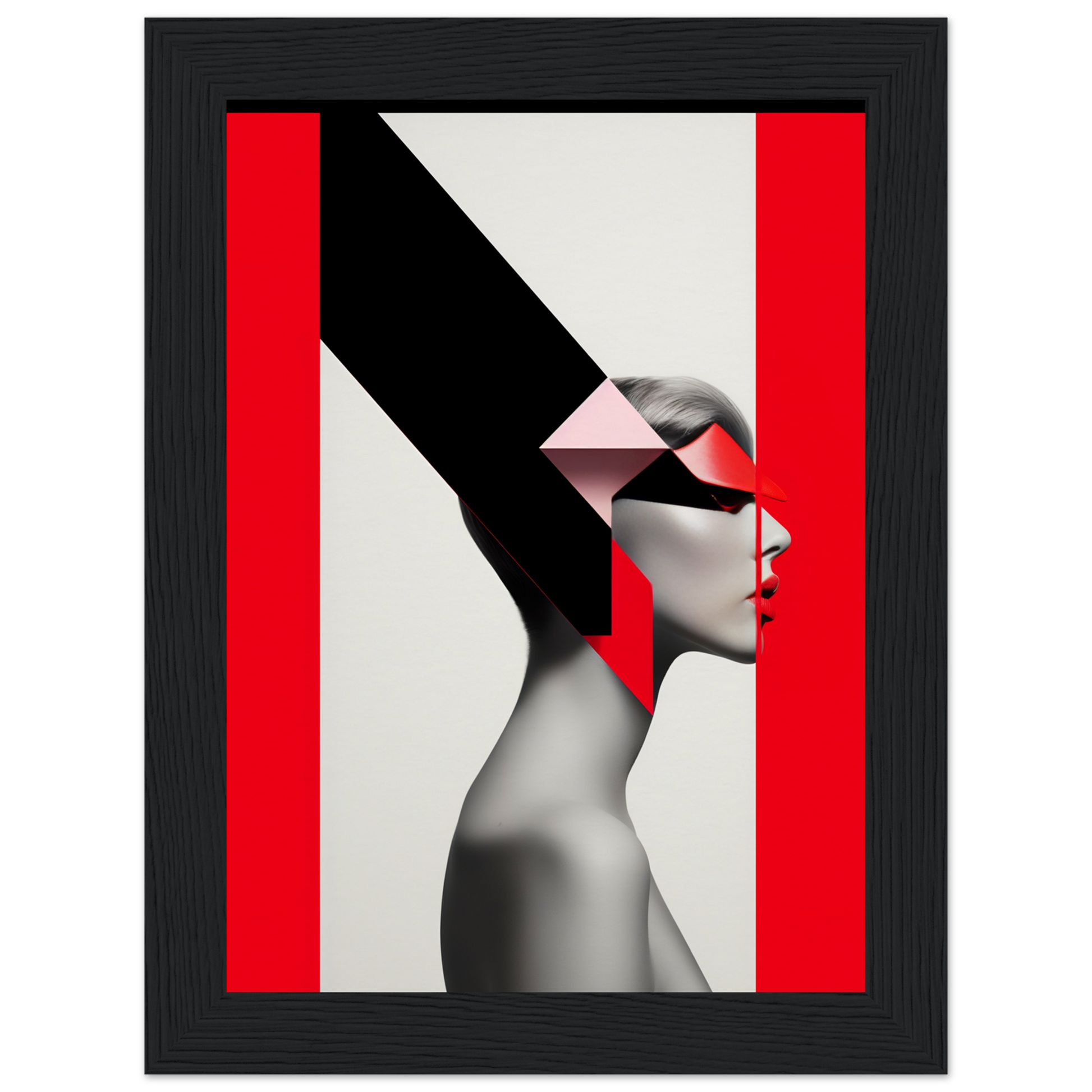 Striking profile portrait of a person with geometric shapes and bold red accents.