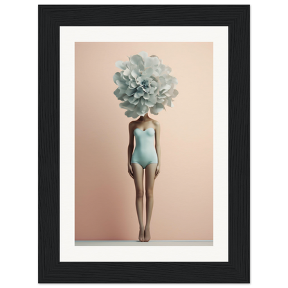 Figure in a pale blue swimsuit with a large floral bloom in place of a head.