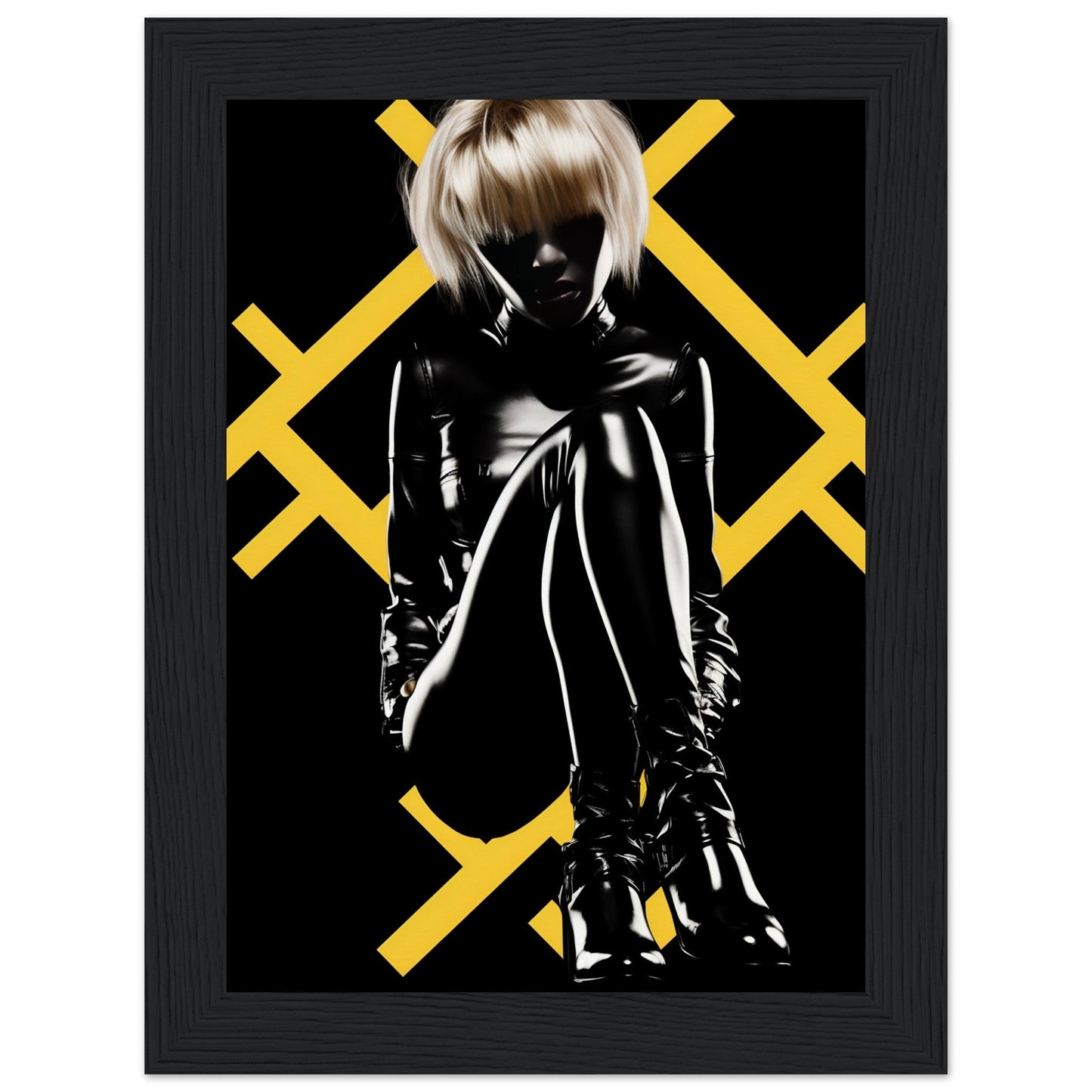 Silhouette of a person in shiny black clothing against a background with yellow X patterns.