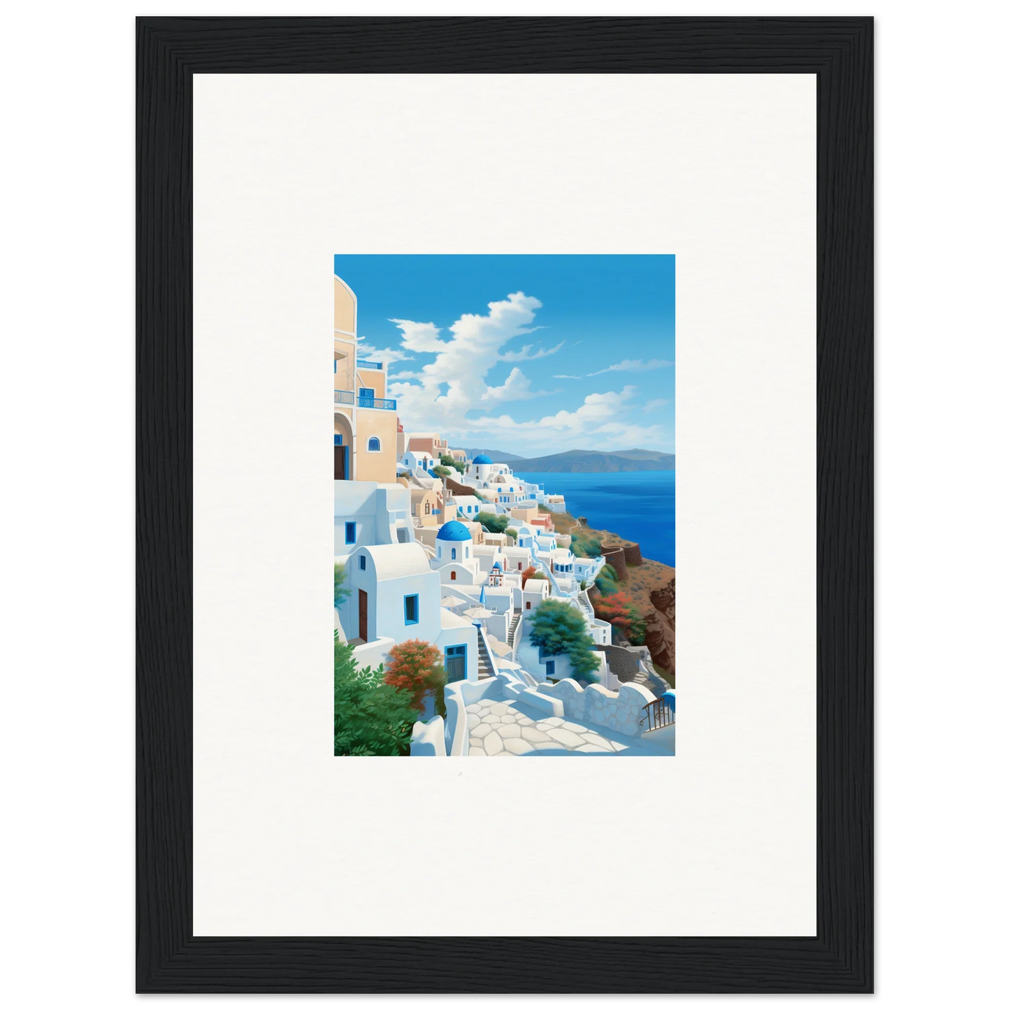 Framed Santorini artwork by Sunday Stahl, a special edition art™ piece showcasing blue domes