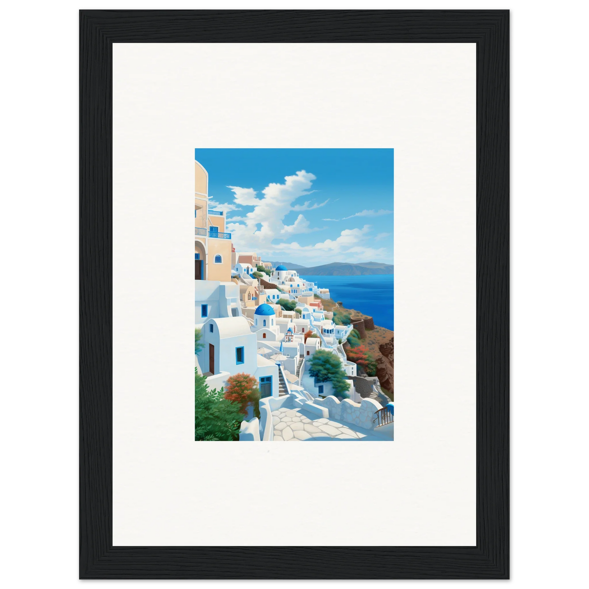 Framed Santorini artwork by Sunday Stahl, a special edition art™ piece showcasing blue domes