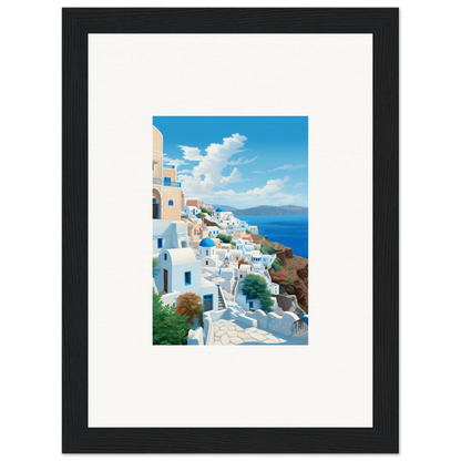 Framed Santorini artwork by Sunday Stahl, a special edition art™ piece showcasing blue domes