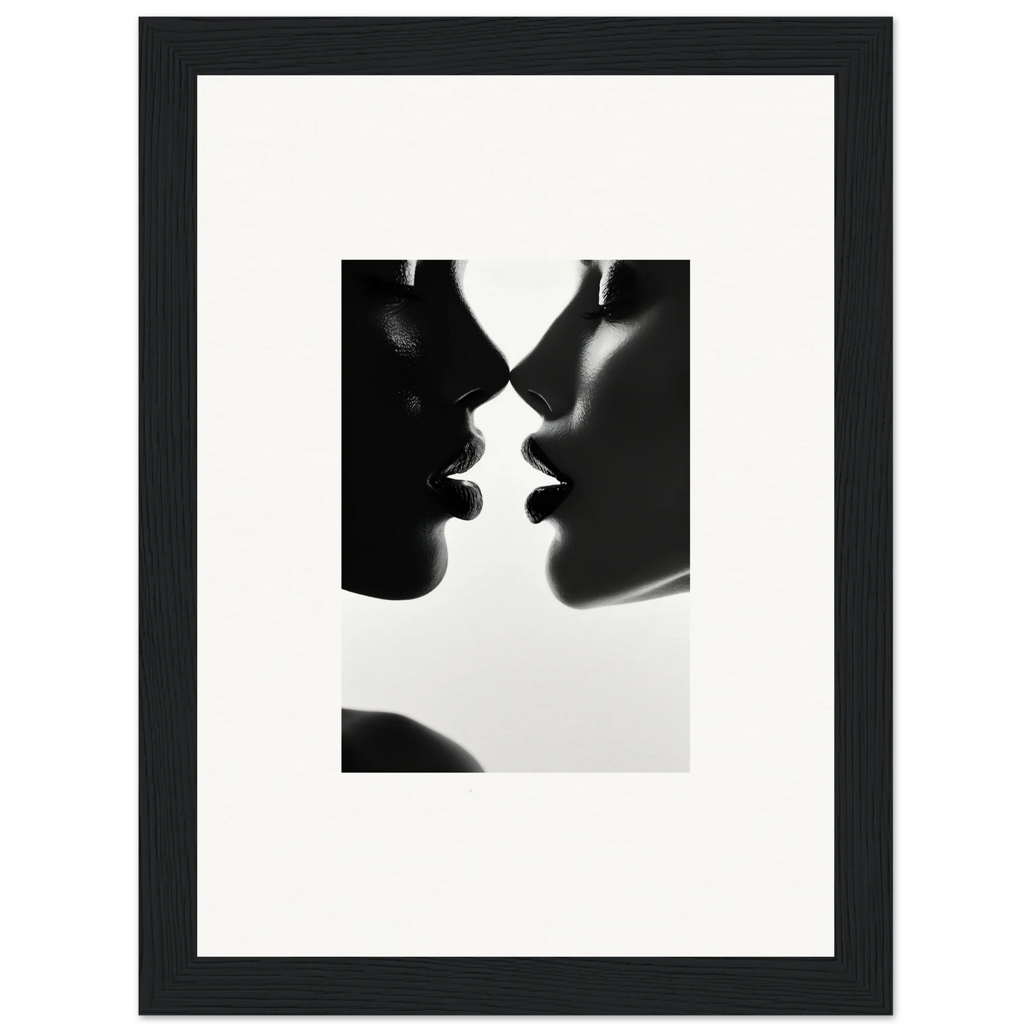 Silhouetted couple sharing a kiss in Ephemeral Echoes Touch framed poster