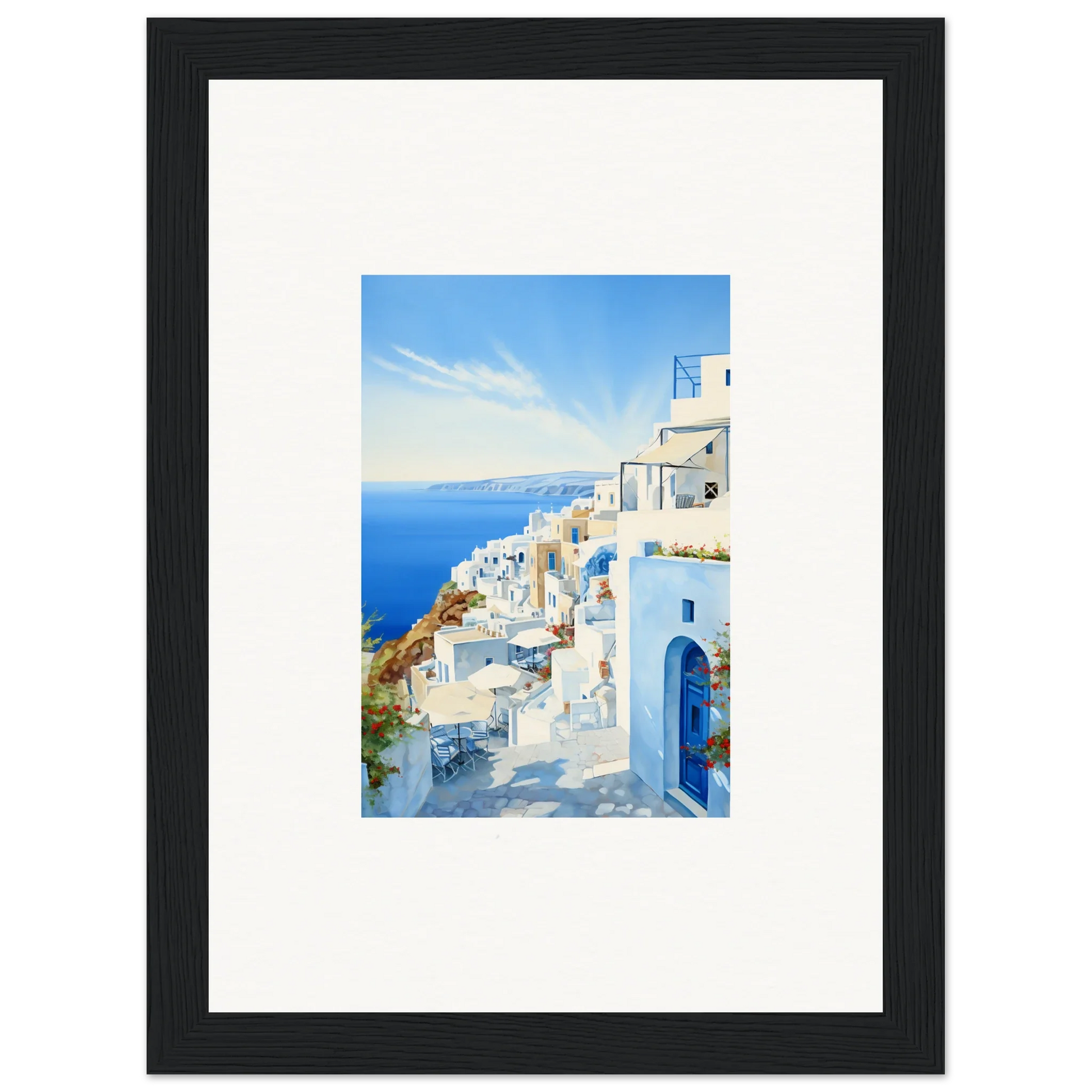 Framed photo of Santorini’s white buildings and blue domes from Mediterranean Serenity Remastered